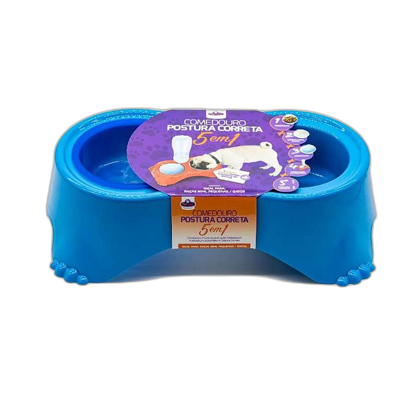 Comedouro Bebedouro Postura Correta 5 em1 para Cães - Azul
