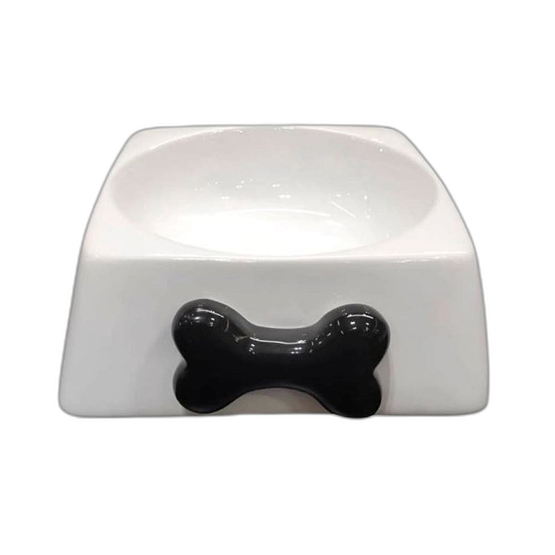 Comedouro Porcelana Ossinho para Cães - Branco/Preto