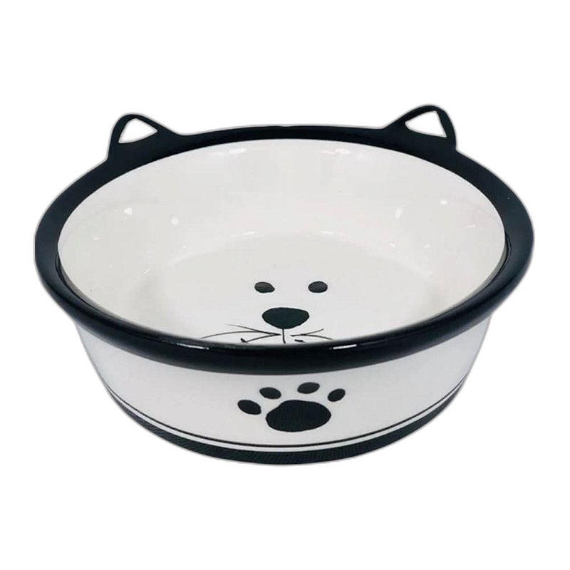 Comedouro Porcelana Carinha para Gatos - Branco/Preto