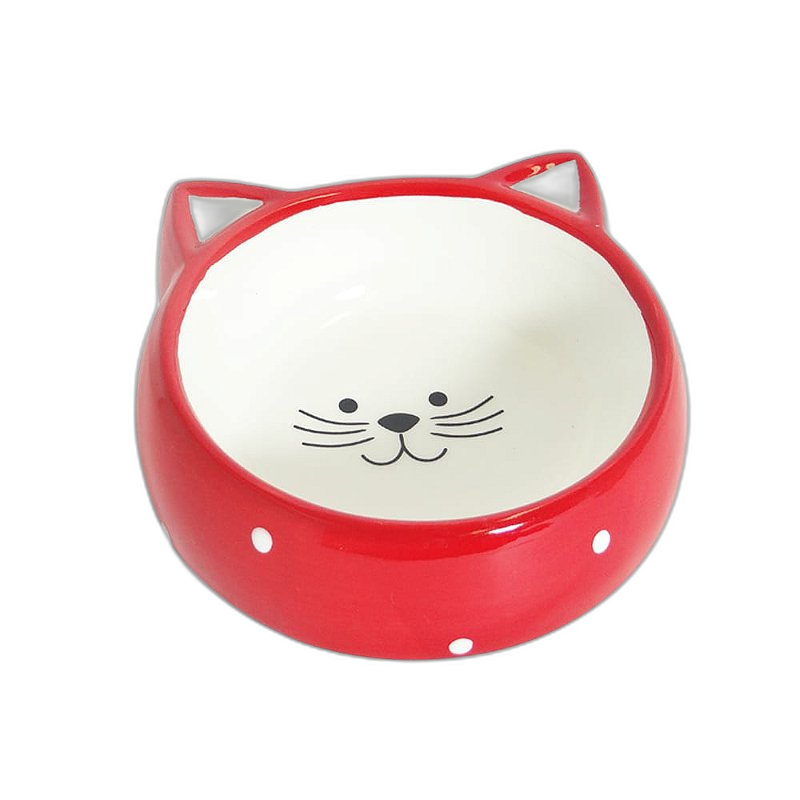 Comedouro Porcelana Face Cat para Gatos - Vermelho/Branco