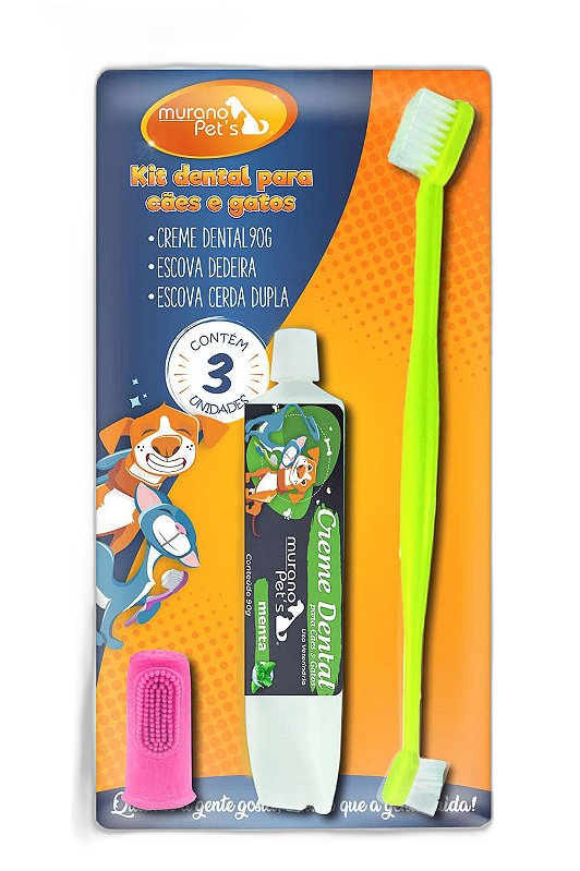 Kit Dental Creme Dental Menta, Escova e Dedeira para Cães e Gatos