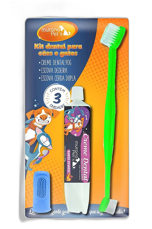 Kit Dental Creme Dental Tutti-Frutti, Escova e Dedeira para Cães e Gatos