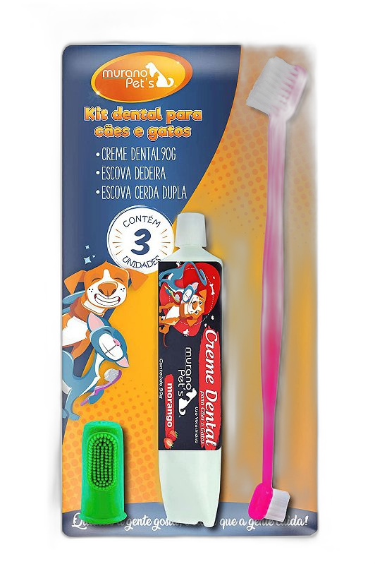Kit Dental Creme Dental Morango, Escova e Dedeira para Cães e Gatos